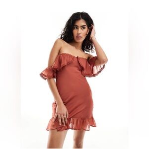 $53 NWT ASOS DESIGN bardot ruffle mini dress with lace insert in rust US2